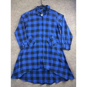 OLRAIN Dress Womens XXL Blue Plaid Shirt Dress Hi-Low Flannel Pockets Collared